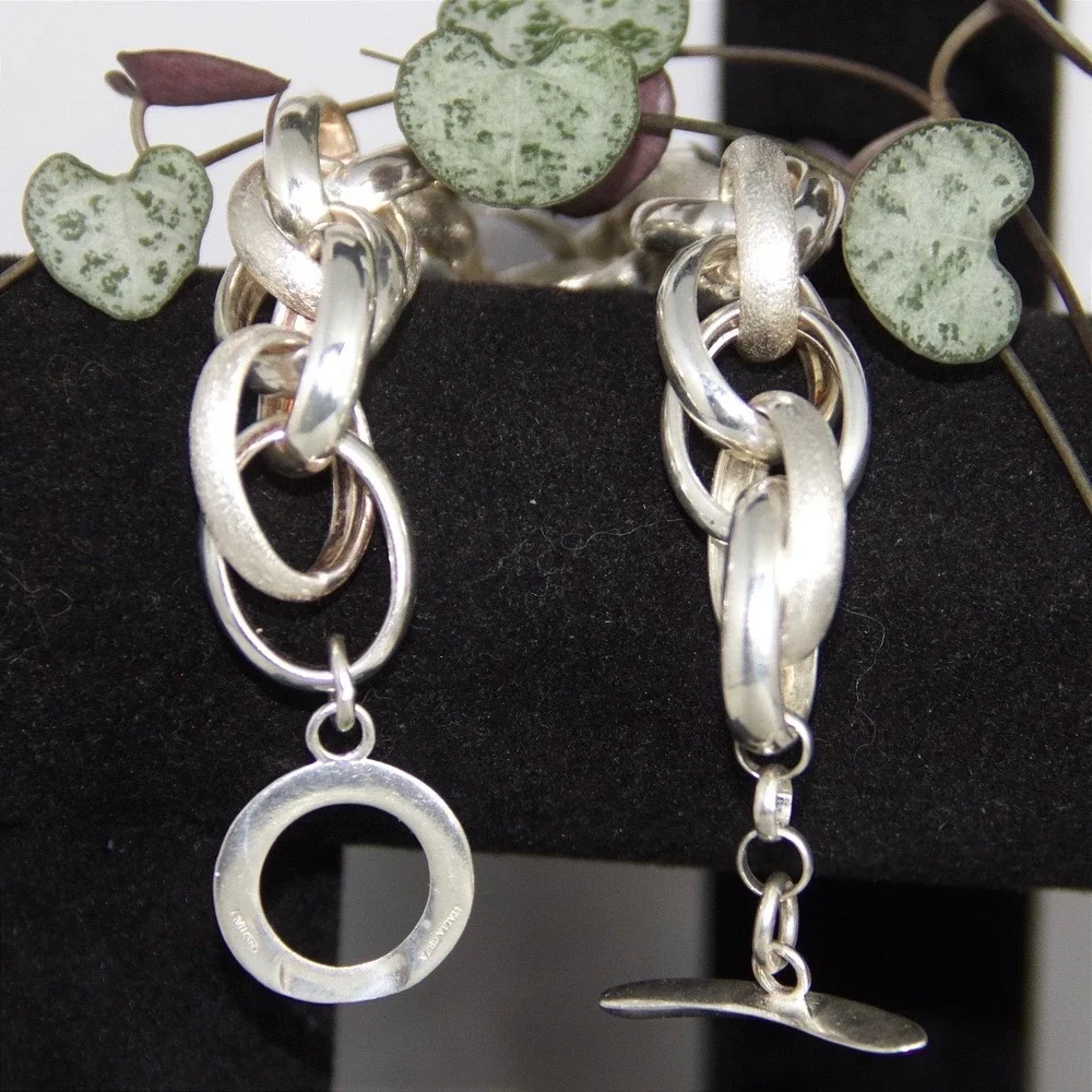 Heavy Italian Sterling Silver 925 Chunky Textured Link Toggle Bracelet
